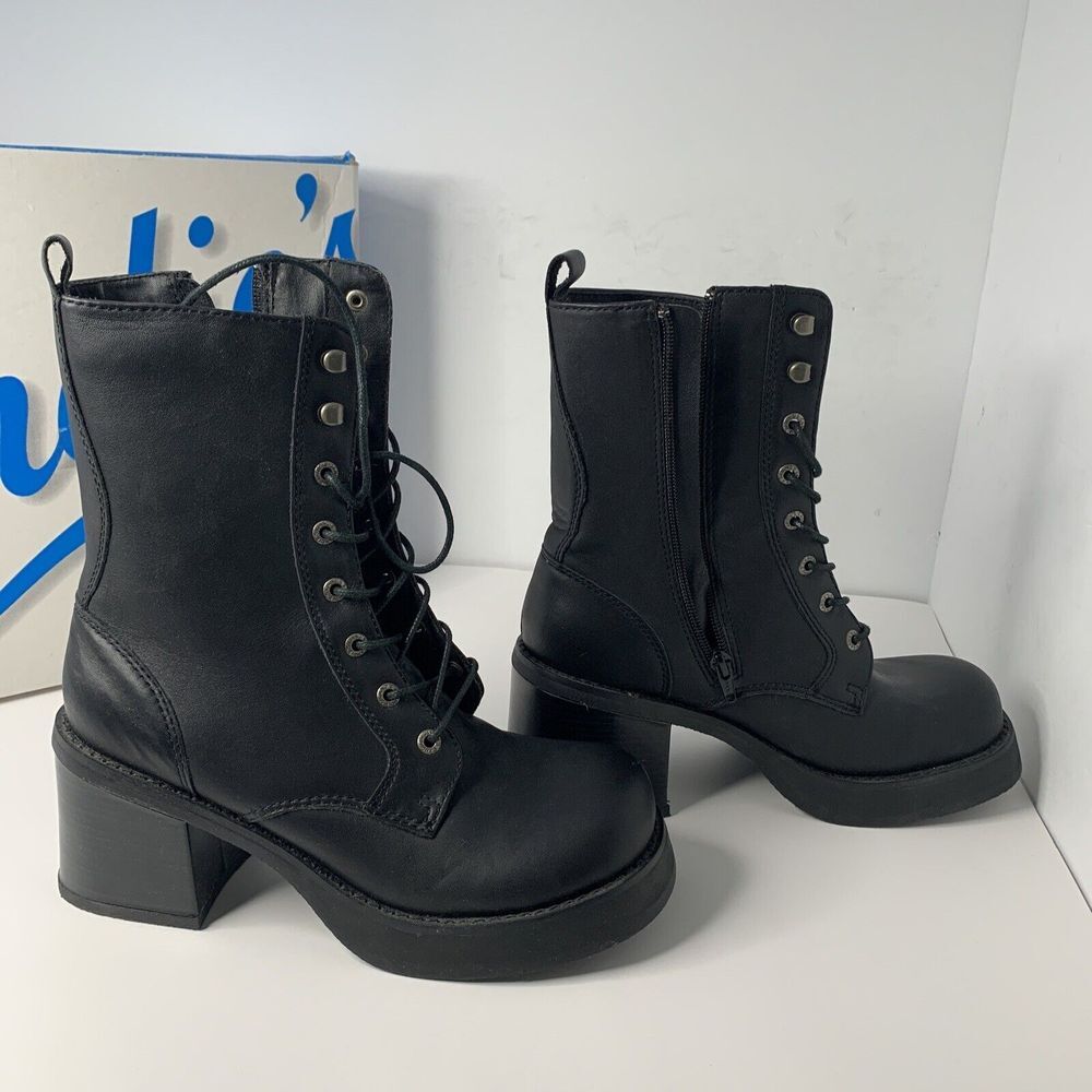 New Vintage Candies Blk Leather Combat Platform Chunky‎ 90s Y2K Lace Up Boots 9M